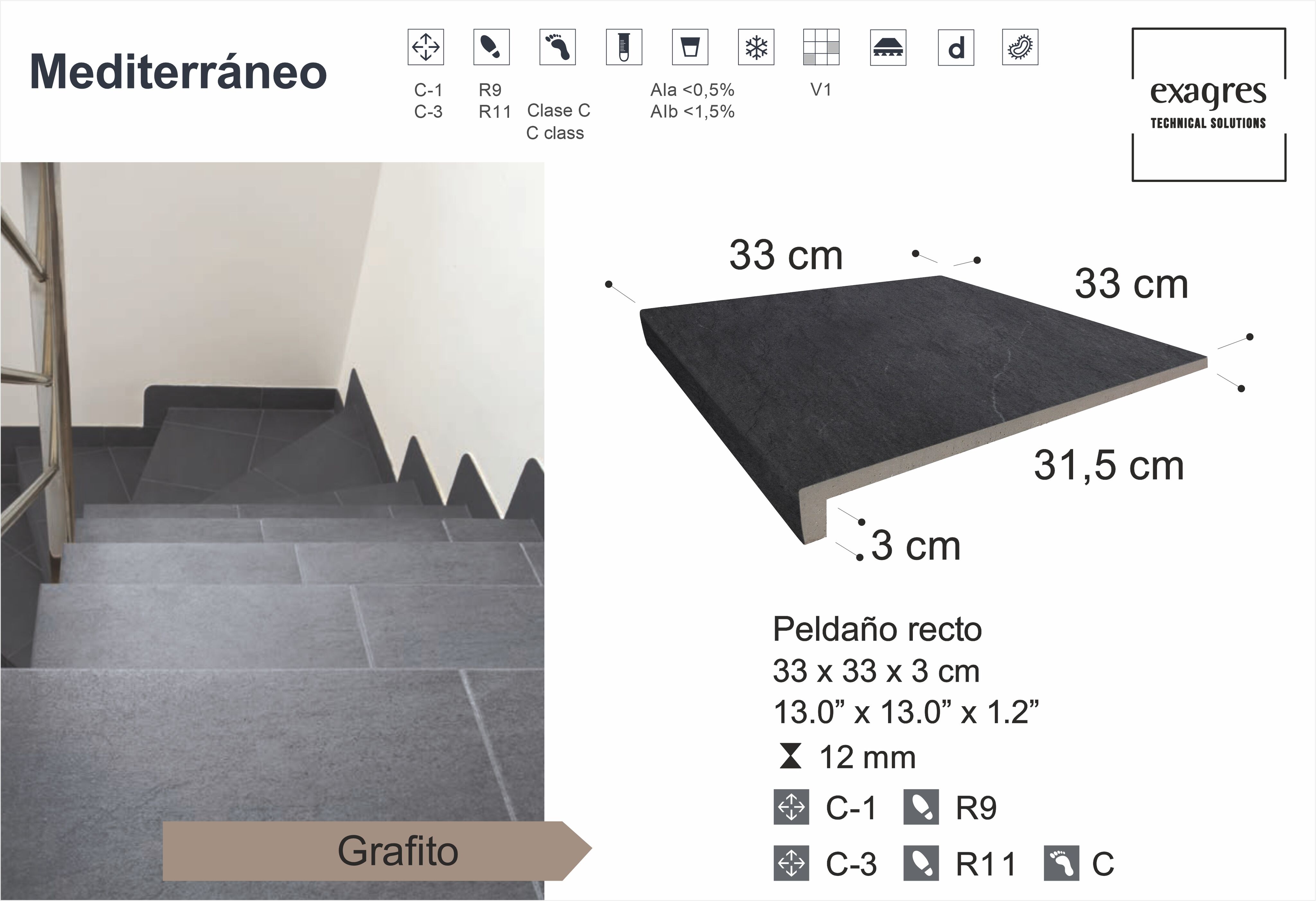 Ступень фронтальная Peldano Recto Mediterraneo Grafito 33х33х1.2 антислип 4шт/упак Exagres купить в Санкт-Петербурге Ступень фронтальная Peldano Recto Mediterraneo Grafito 33х33х1.2 антислип 4шт/упак Exagres