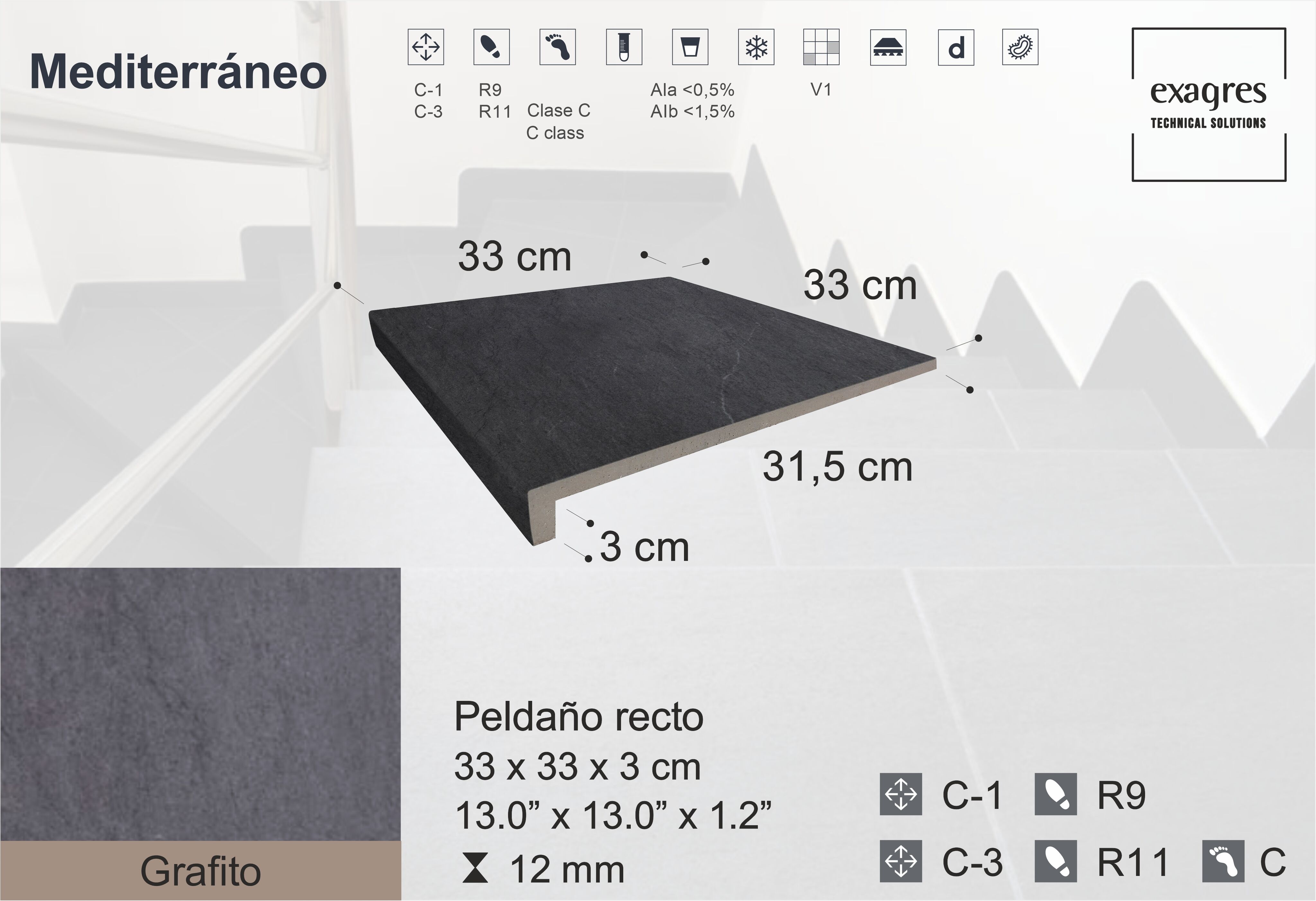 Ступень фронтальная Peldano Recto Mediterraneo Grafito 33х33х1.2 антислип 4шт/упак Exagres купить в Санкт-Петербурге Ступень фронтальная Peldano Recto Mediterraneo Grafito 33х33х1.2 антислип 4шт/упак Exagres