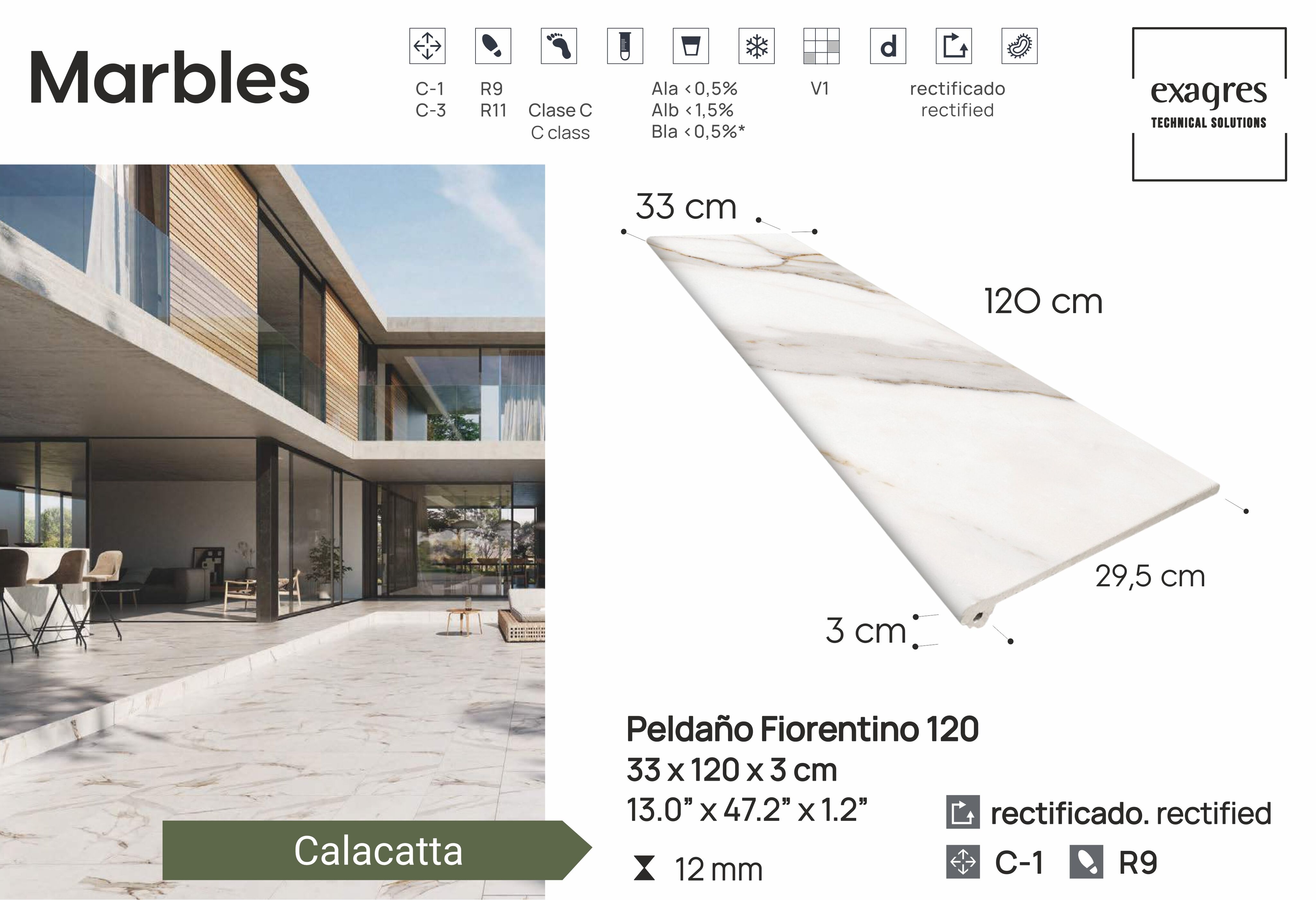 Ступень фронтальная Peldano Florentino Marbles Calacatta 33х120х1.2 матовая Exagres
