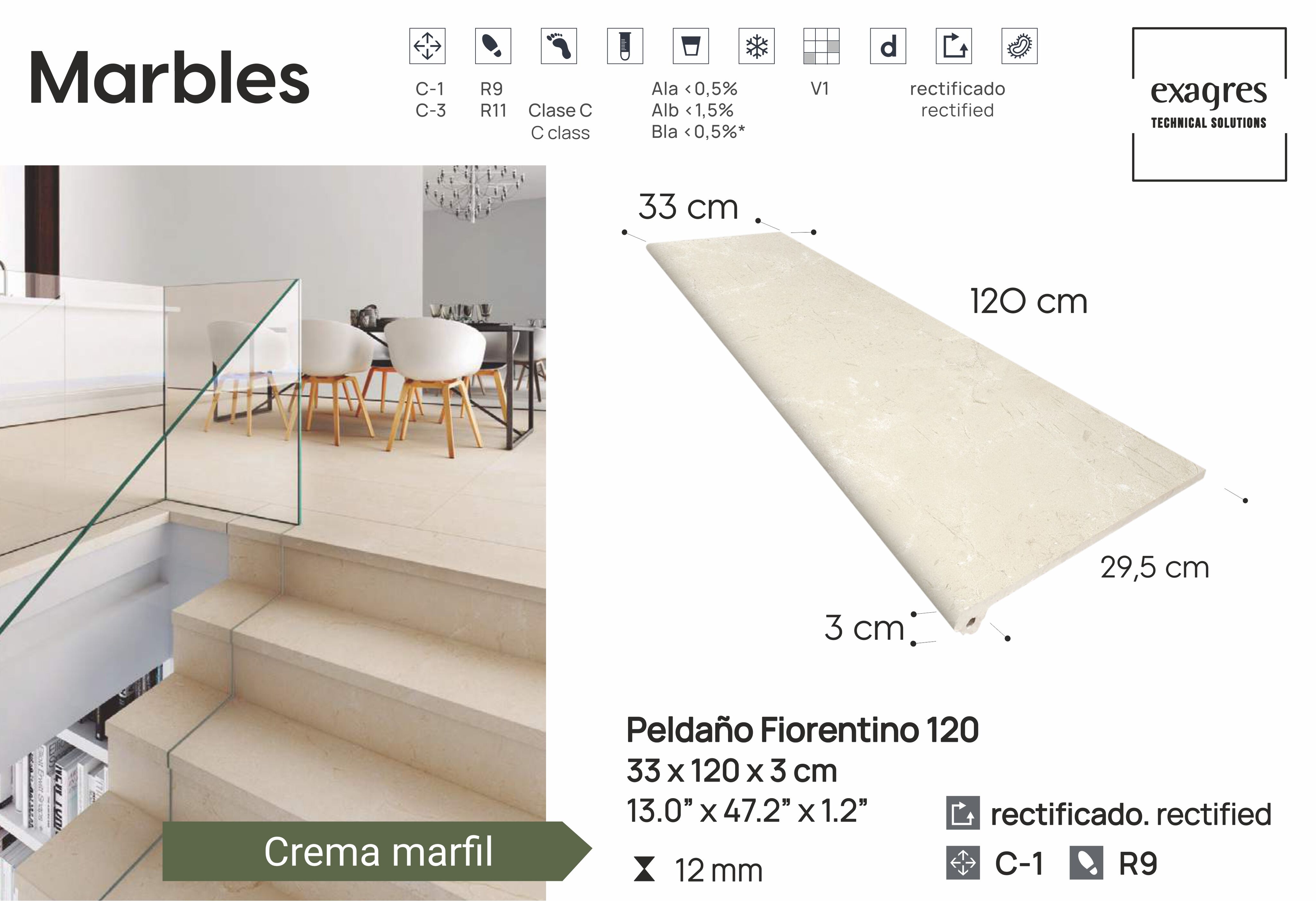 Ступень фронтальная Peldano Florentino Marbles Crema Marfil 33х120х1.2 матовая Exagres