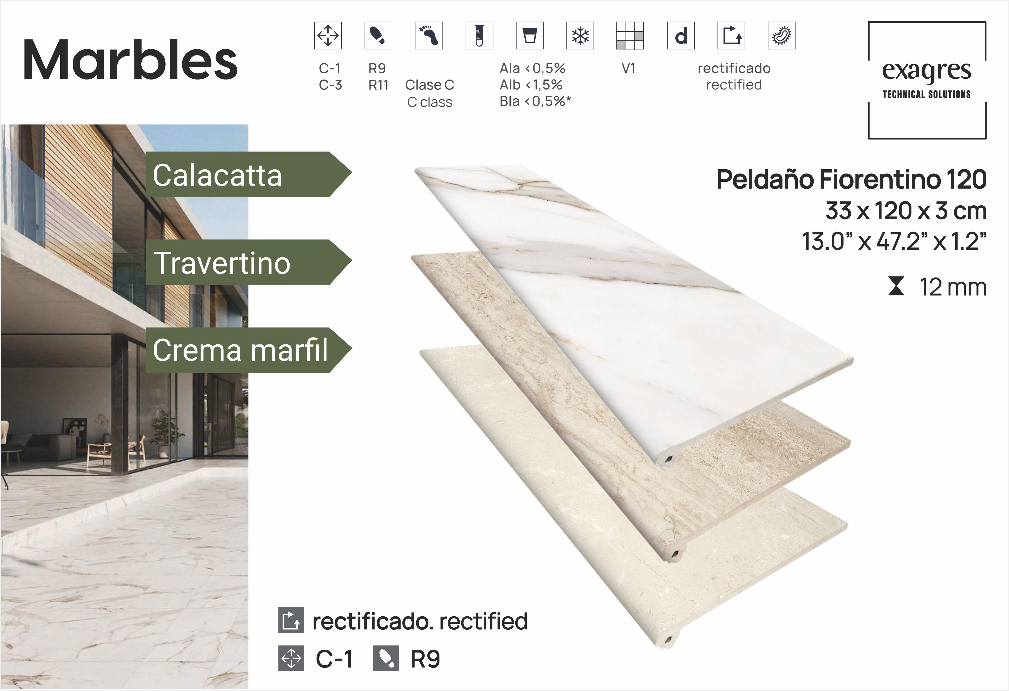 Ступень фронтальная Peldano Florentino Marbles Calacatta 33х120х1.2 матовая Exagres