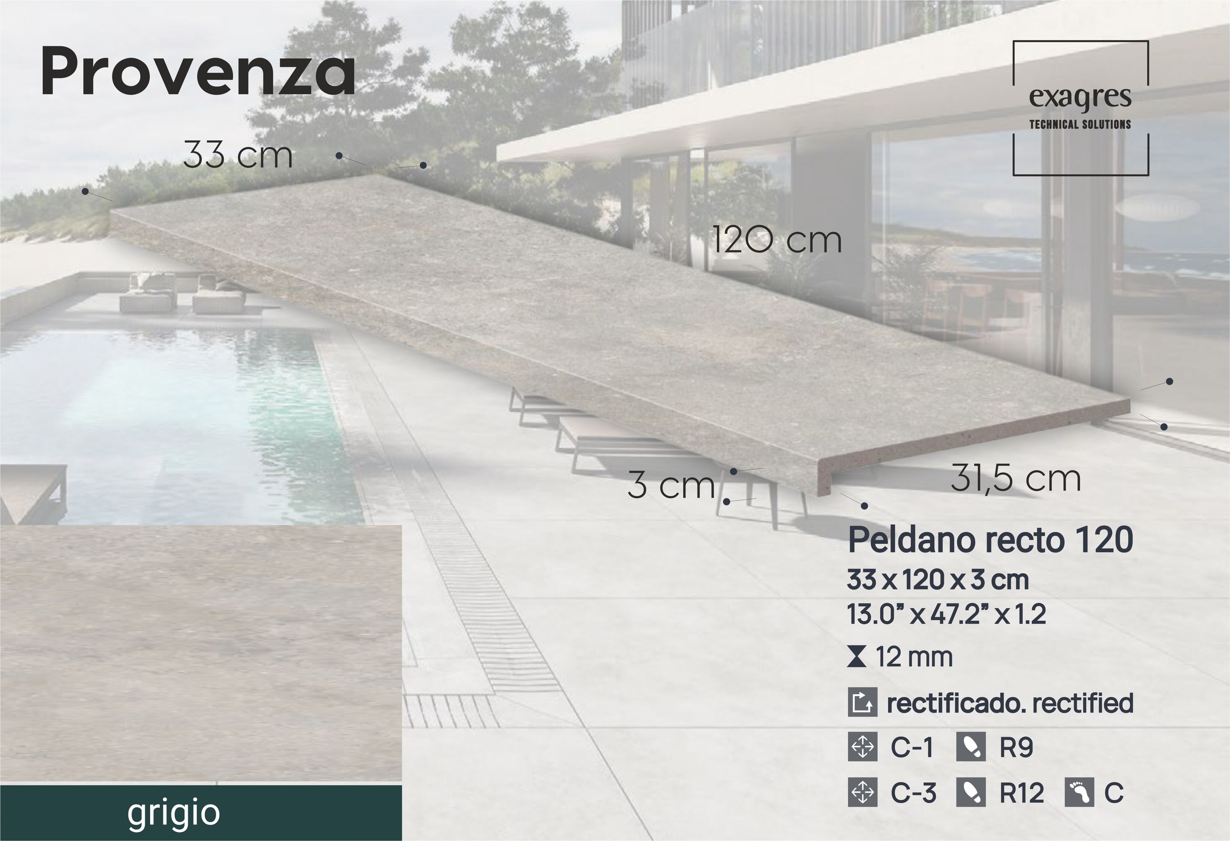 Ступень фронтальная Peldano Recto Provenza Grigio R12 33х120х1.2 антислип 2шт/упак Exagres