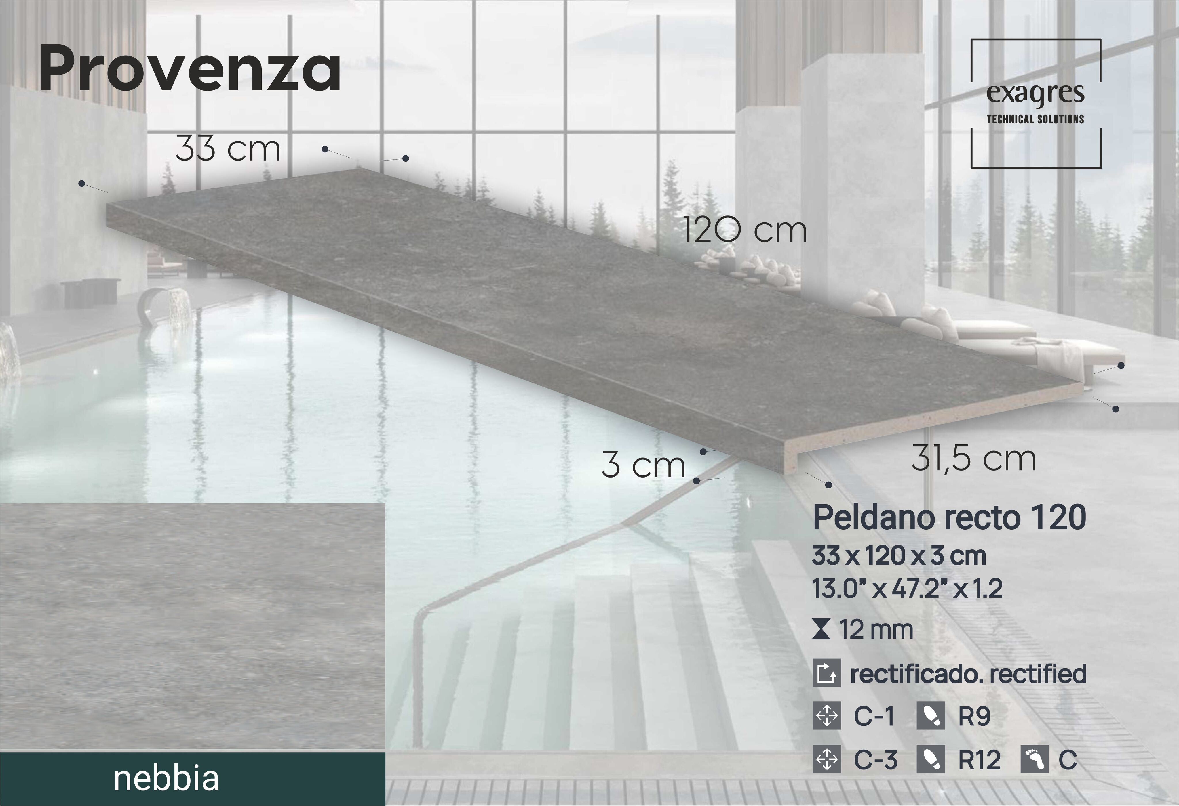 Ступень фронтальная Peldano Recto Provenza Nebbia R12 33х120х1.2 антислип 2шт/упак Exagres