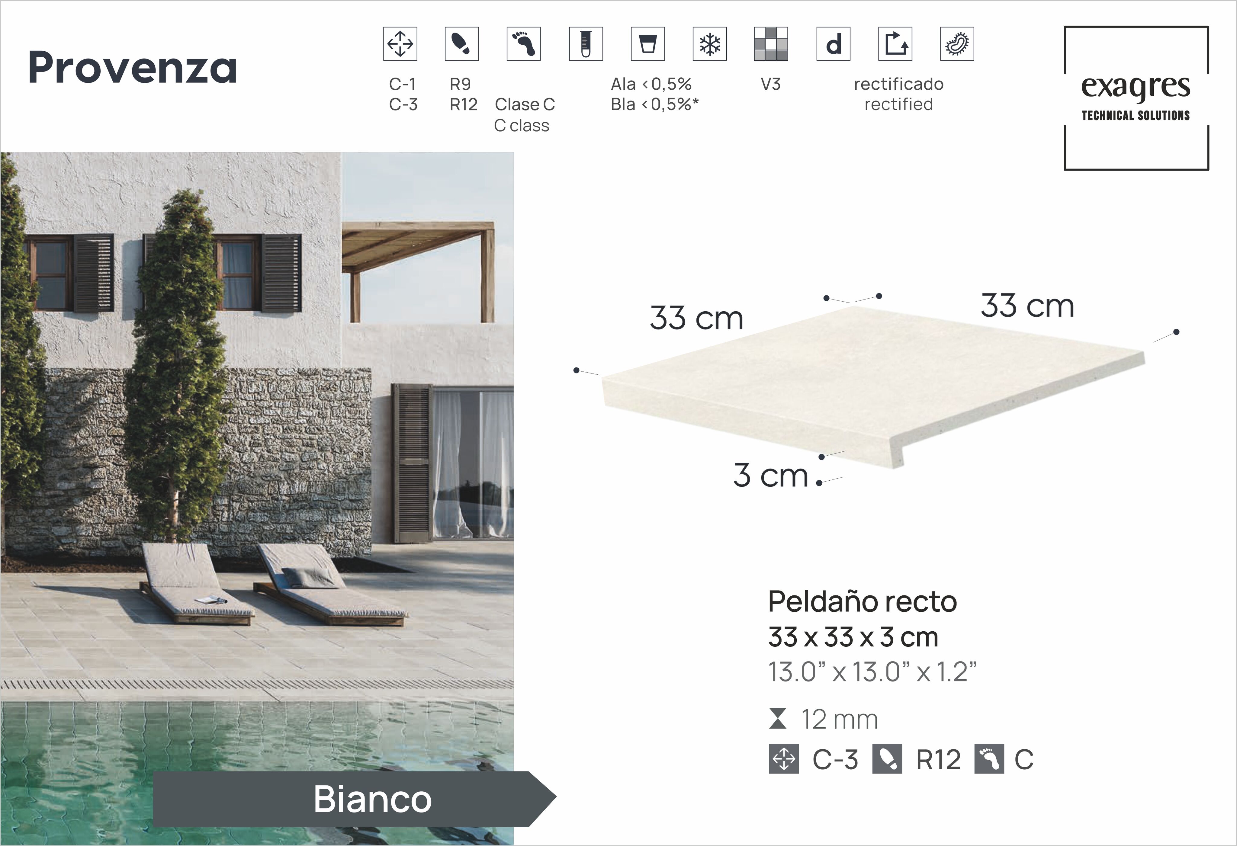 Ступень фронтальная Peldano Recto Provenza Bianco R12 33х33х1.2 антислип 4шт/упак Exagres купить в Санкт-Петербурге Ступень фронтальная Peldano Recto Provenza Bianco R12 33х33х1.2 антислип 4шт/упак Exagres