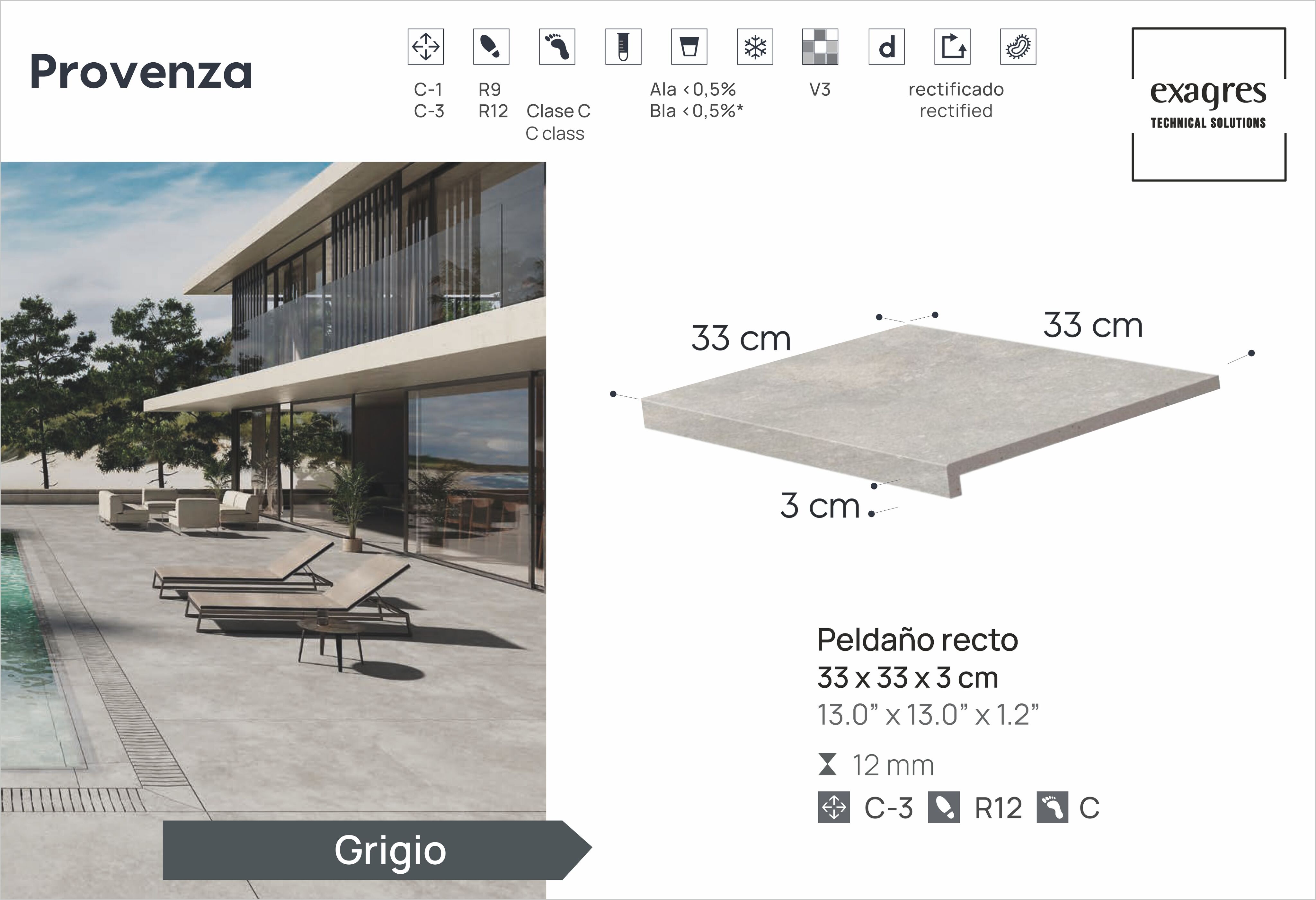 Ступень фронтальная Peldano Recto Provenza Grigio R12 33х33х1.2 антислип 4шт/упак Exagres купить в Санкт-Петербурге Ступень фронтальная Peldano Recto Provenza Grigio R12 33х33х1.2 антислип 4шт/упак Exagres