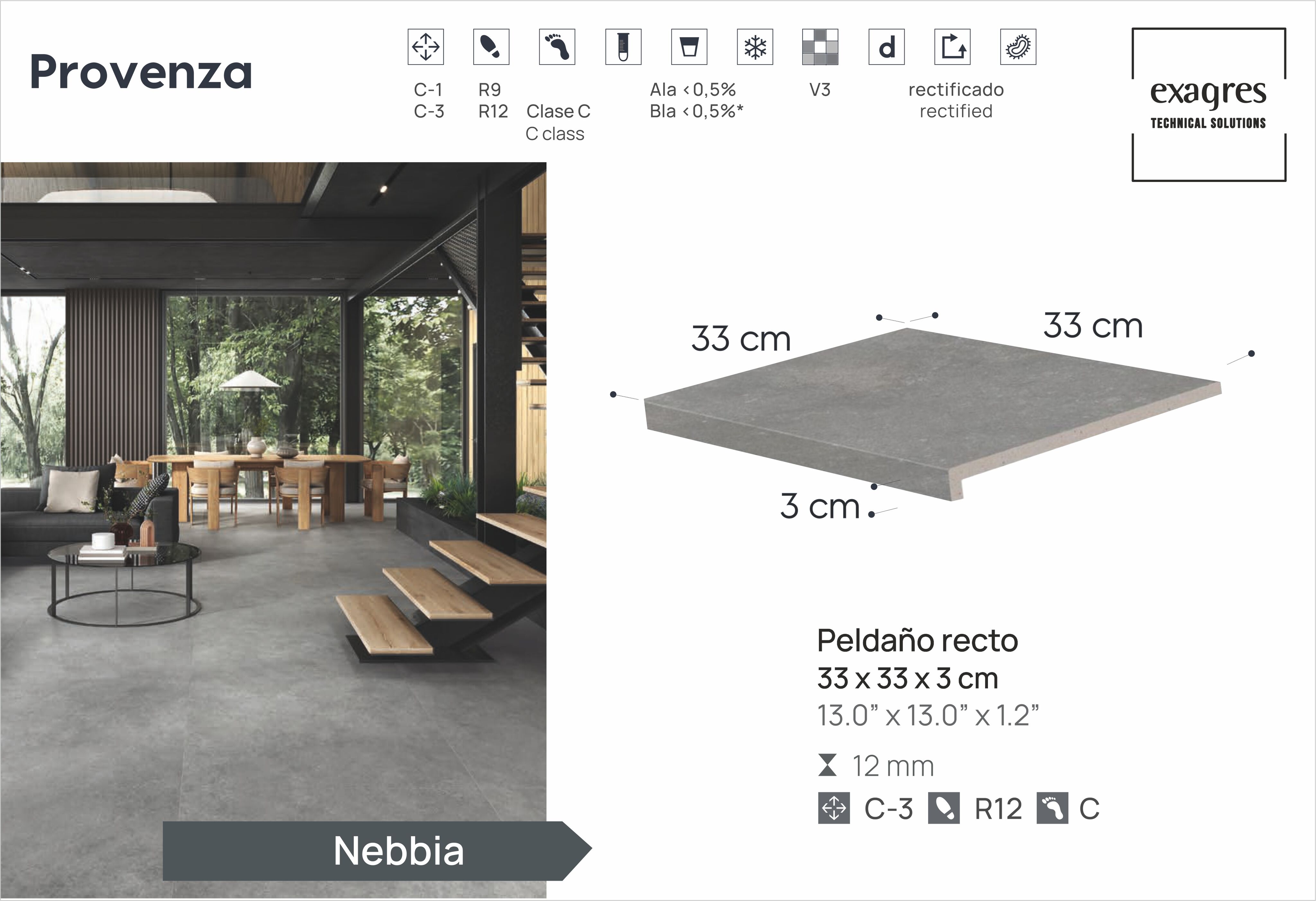 Ступень фронтальная Peldano Recto Provenza Nebbia R12 33х33х1.2 антислип 4шт/упак Exagres купить в Санкт-Петербурге Ступень фронтальная Peldano Recto Provenza Nebbia R12 33х33х1.2 антислип 4шт/упак Exagres