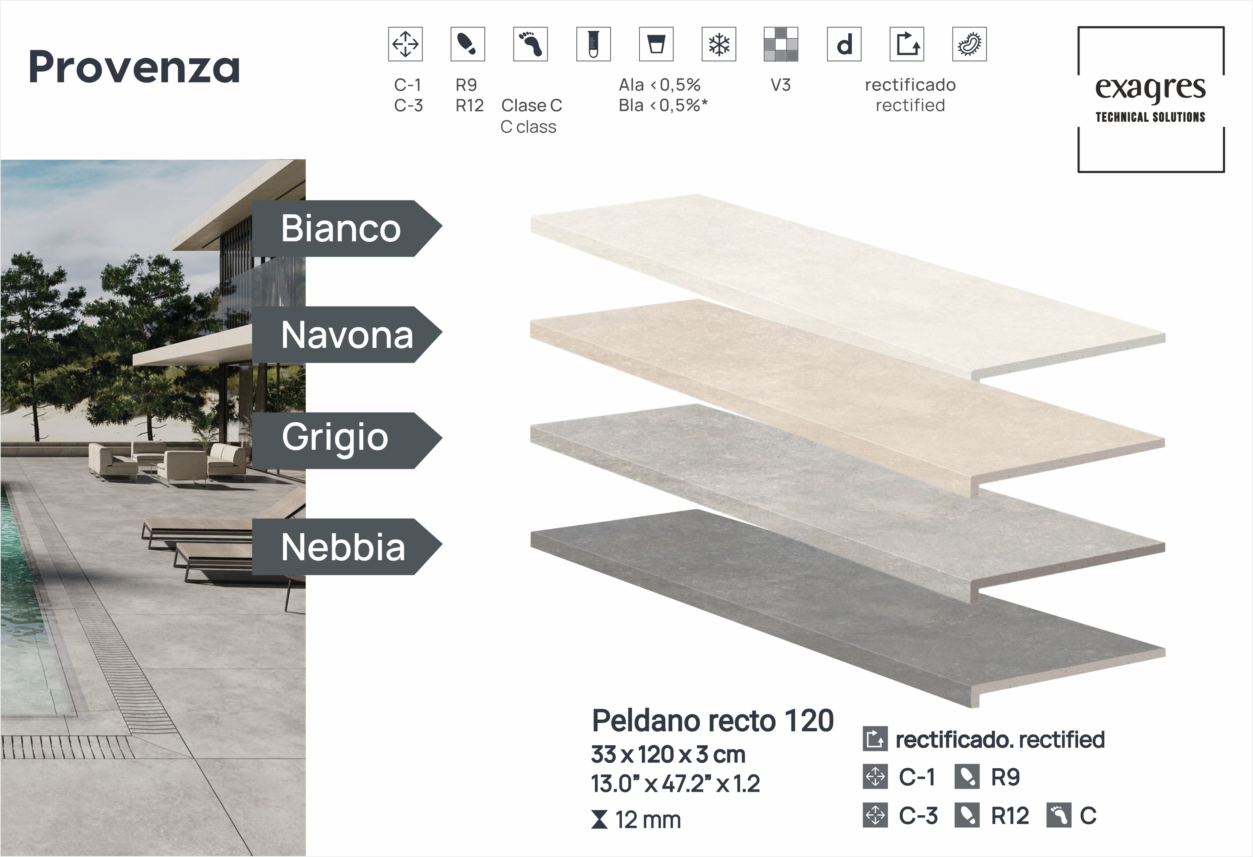 Ступень фронтальная Peldano Recto Provenza Nebbia R12 33х120х1.2 антислип 2шт/упак Exagres