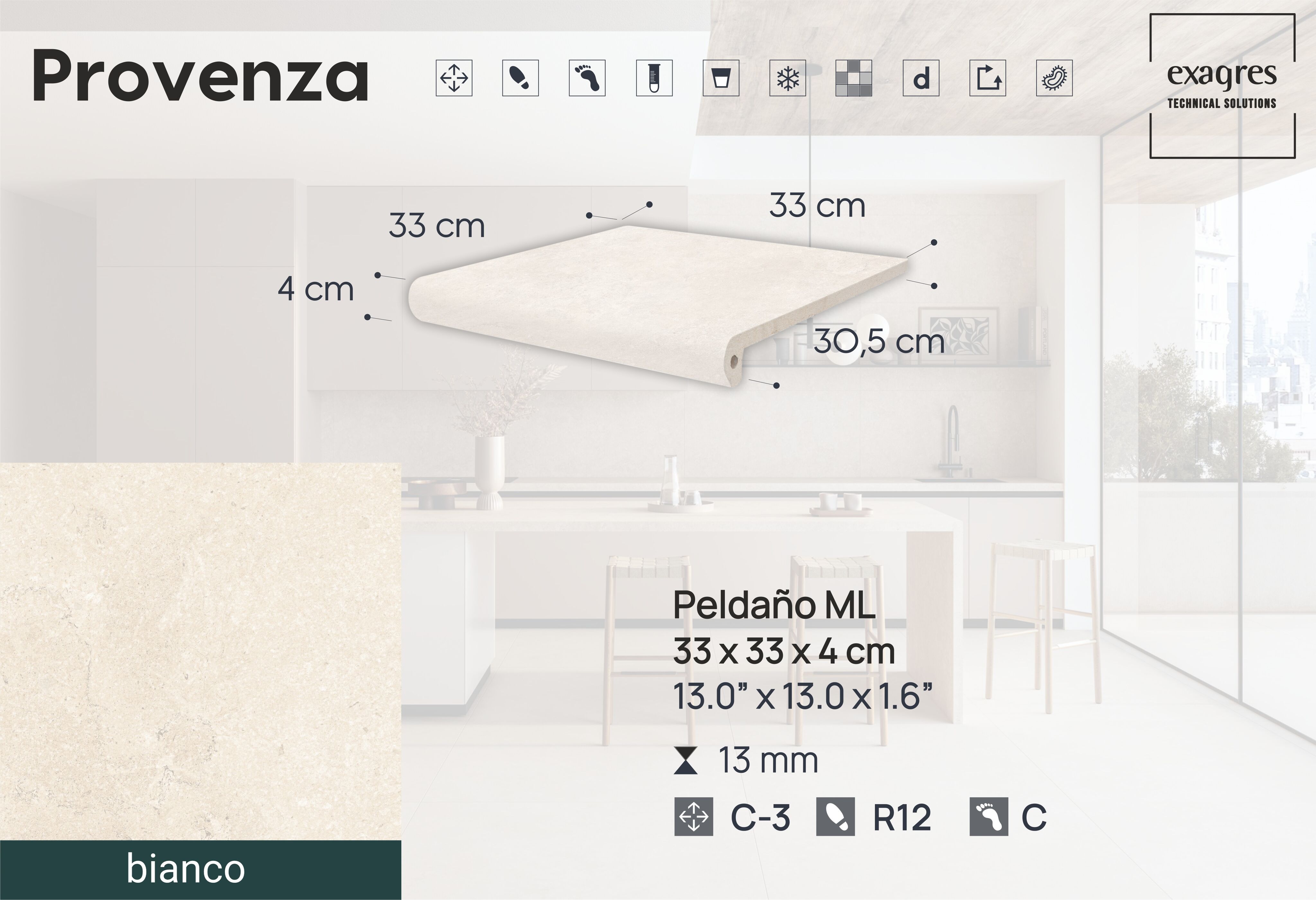 Ступень фронтальная Peldano Florentino Provenza Bianco 33х33х1.3 антислип 4шт/упак Exagres купить в Москве Ступень фронтальная Peldano Florentino Provenza Bianco 33х33х1.3 антислип 4шт/упак Exagres