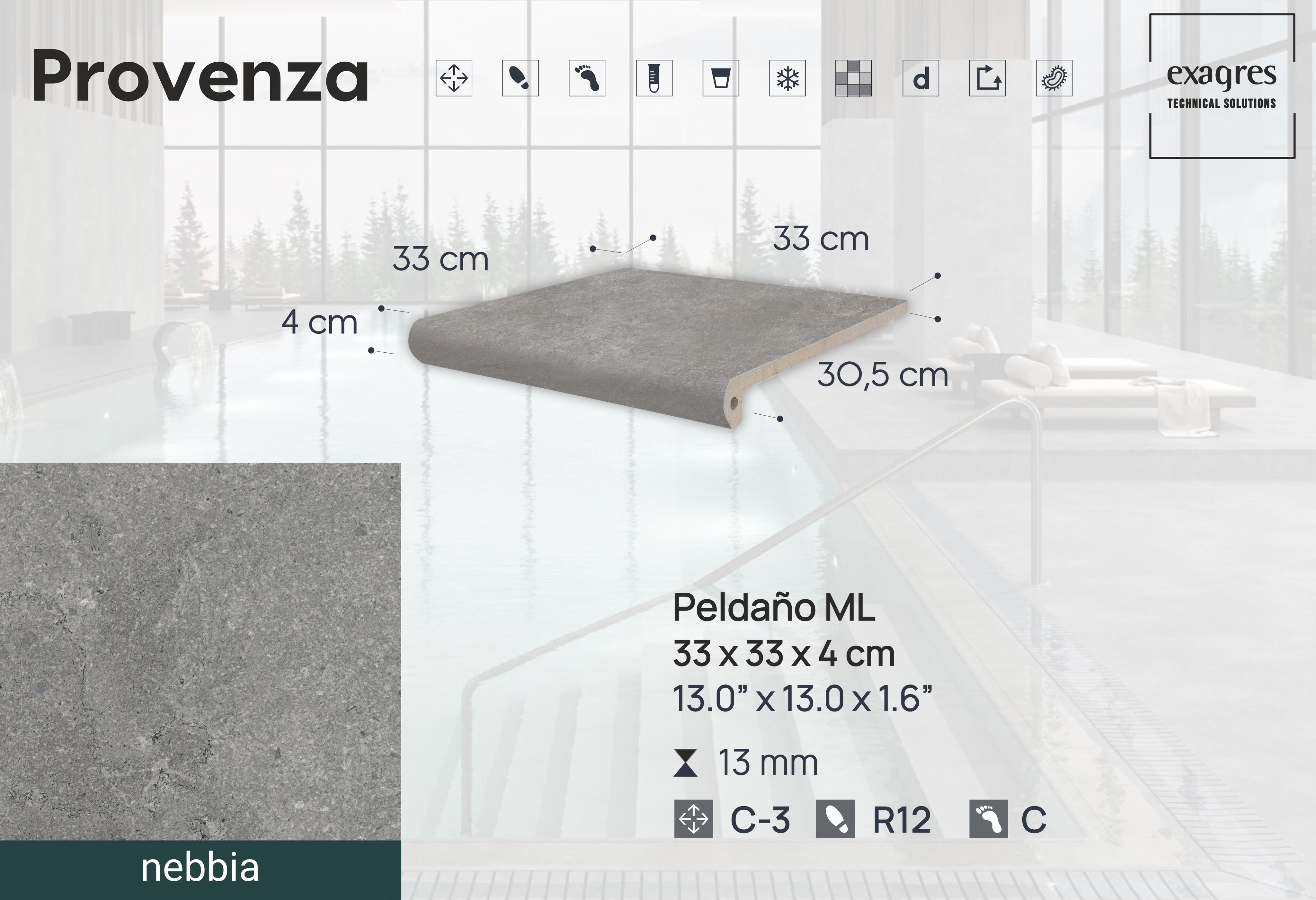 Ступень фронтальная Peldano Florentino Provenza Nebbia 33х33х1.3 антислип 4шт/упак Exagres купить в Москве Ступень фронтальная Peldano Florentino Provenza Nebbia 33х33х1.3 антислип 4шт/упак Exagres