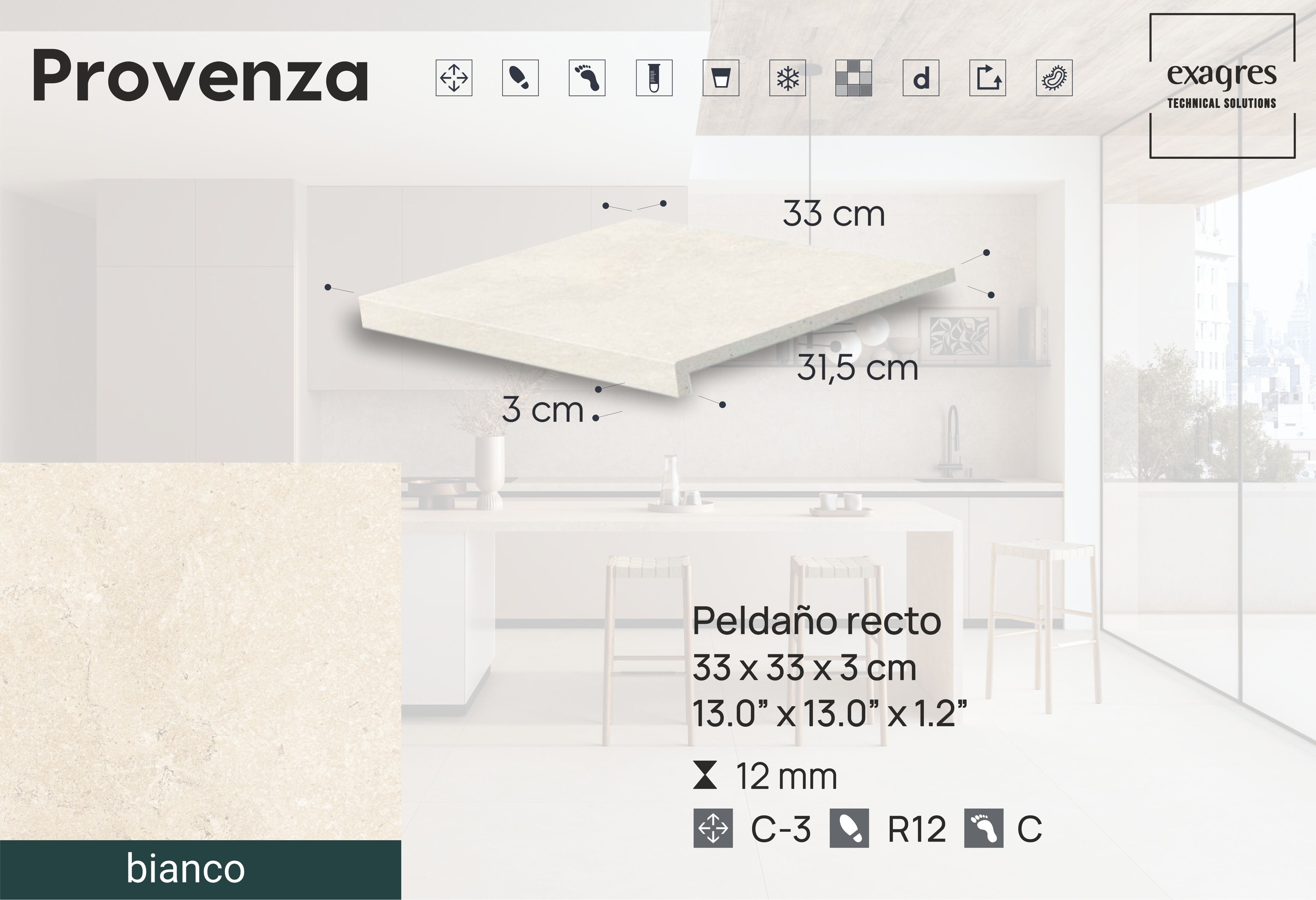 Ступень фронтальная Peldano Recto Provenza Bianco R12 33х33х1.2 антислип 4шт/упак Exagres купить в Санкт-Петербурге Ступень фронтальная Peldano Recto Provenza Bianco R12 33х33х1.2 антислип 4шт/упак Exagres