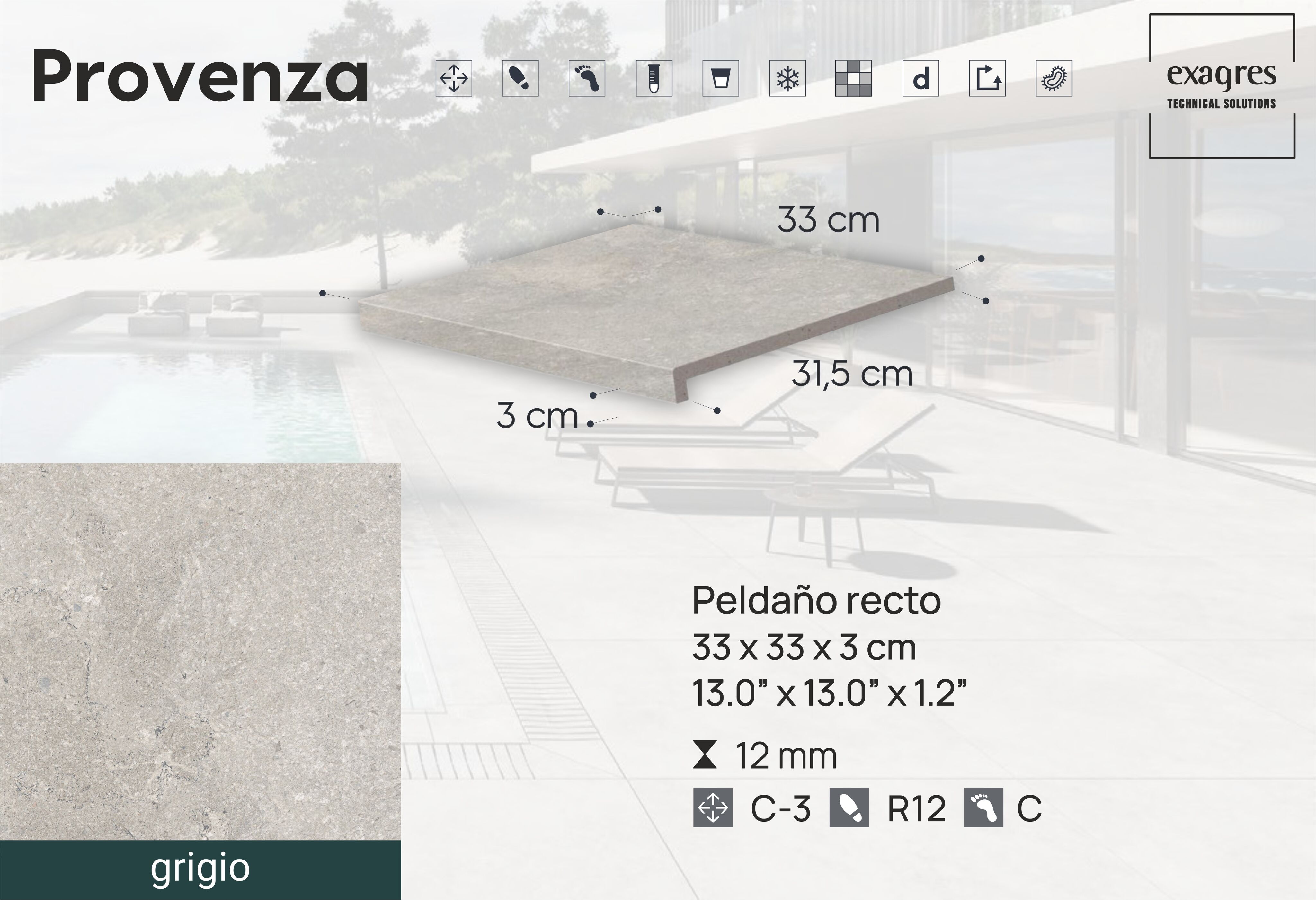 Ступень фронтальная Peldano Recto Provenza Grigio R12 33х33х1.2 антислип 4шт/упак Exagres купить в Санкт-Петербурге Ступень фронтальная Peldano Recto Provenza Grigio R12 33х33х1.2 антислип 4шт/упак Exagres
