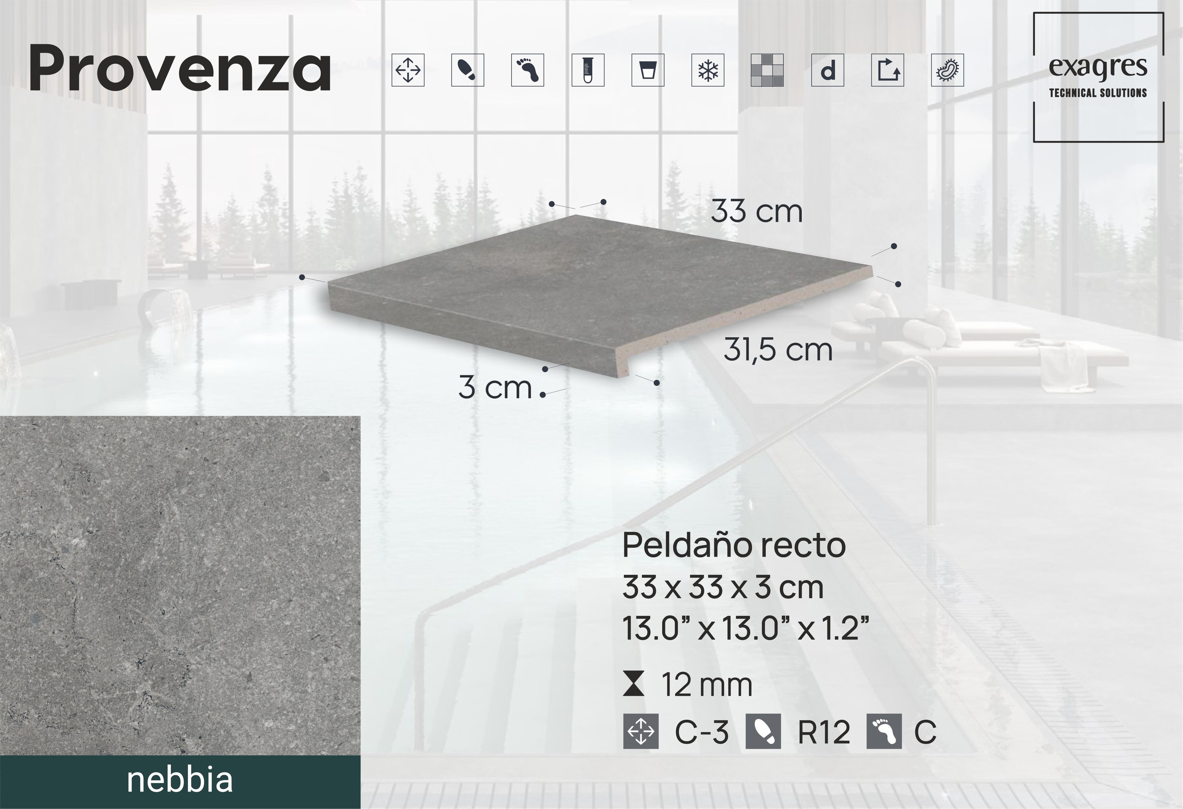 Ступень фронтальная Peldano Recto Provenza Nebbia R12 33х33х1.2 антислип 4шт/упак Exagres купить в Санкт-Петербурге Ступень фронтальная Peldano Recto Provenza Nebbia R12 33х33х1.2 антислип 4шт/упак Exagres