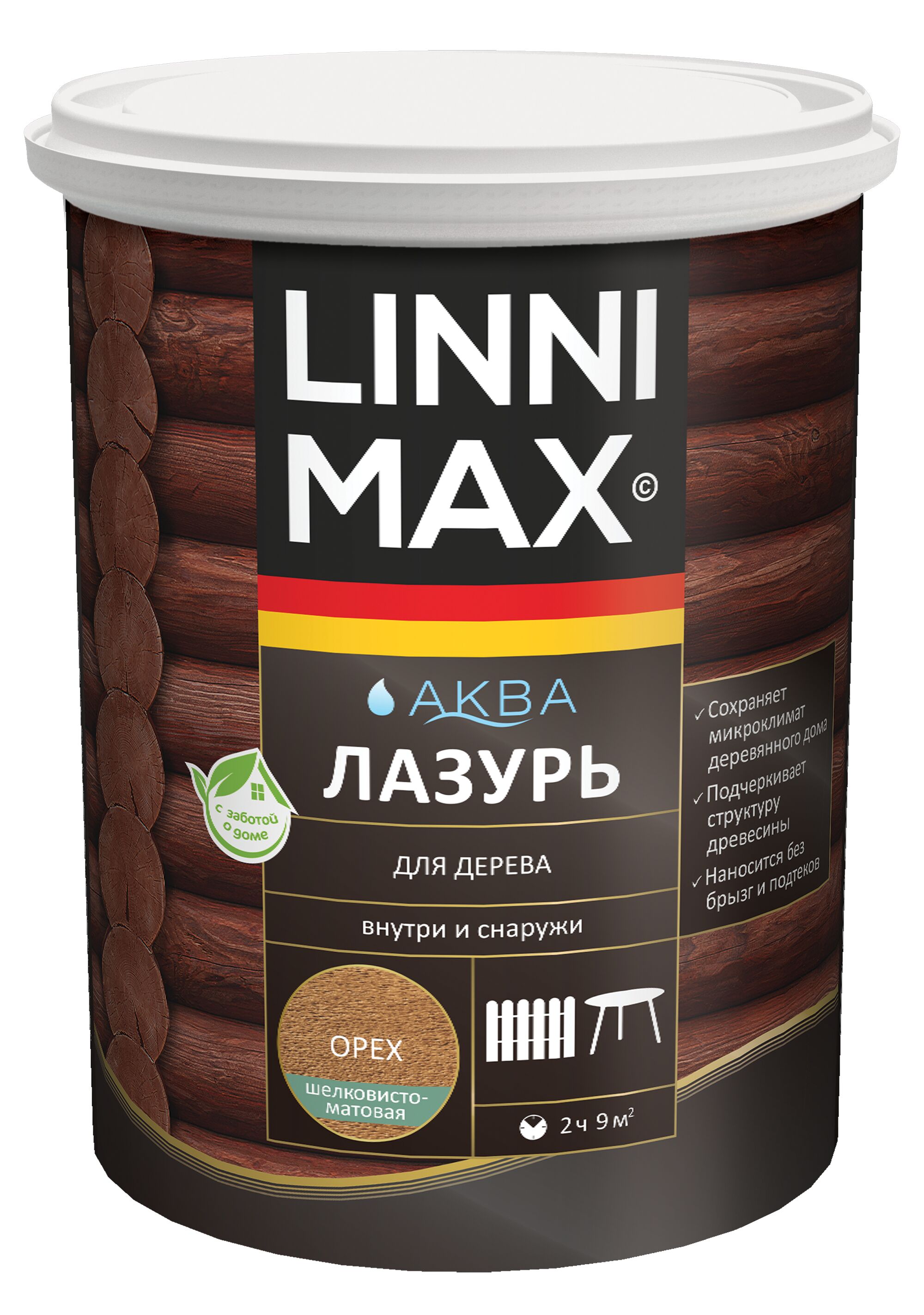 Аква Лазурь для дерева Орех 0,9л Лессирующий антисептик LINNIMAX, Аква Лазурь для дерева Орех 0,9л Лессирующий антисептик LINNIMAX