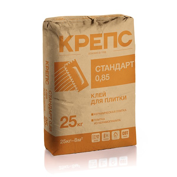 СТАНДАРТ 25кг Клей для плитки и керамогранита адгезия 0.85Мпа КРЕПС, Серый купить в Санкт-Петербурге СТАНДАРТ 25кг Клей для плитки и керамогранита адгезия 0.85Мпа КРЕПС, Серый