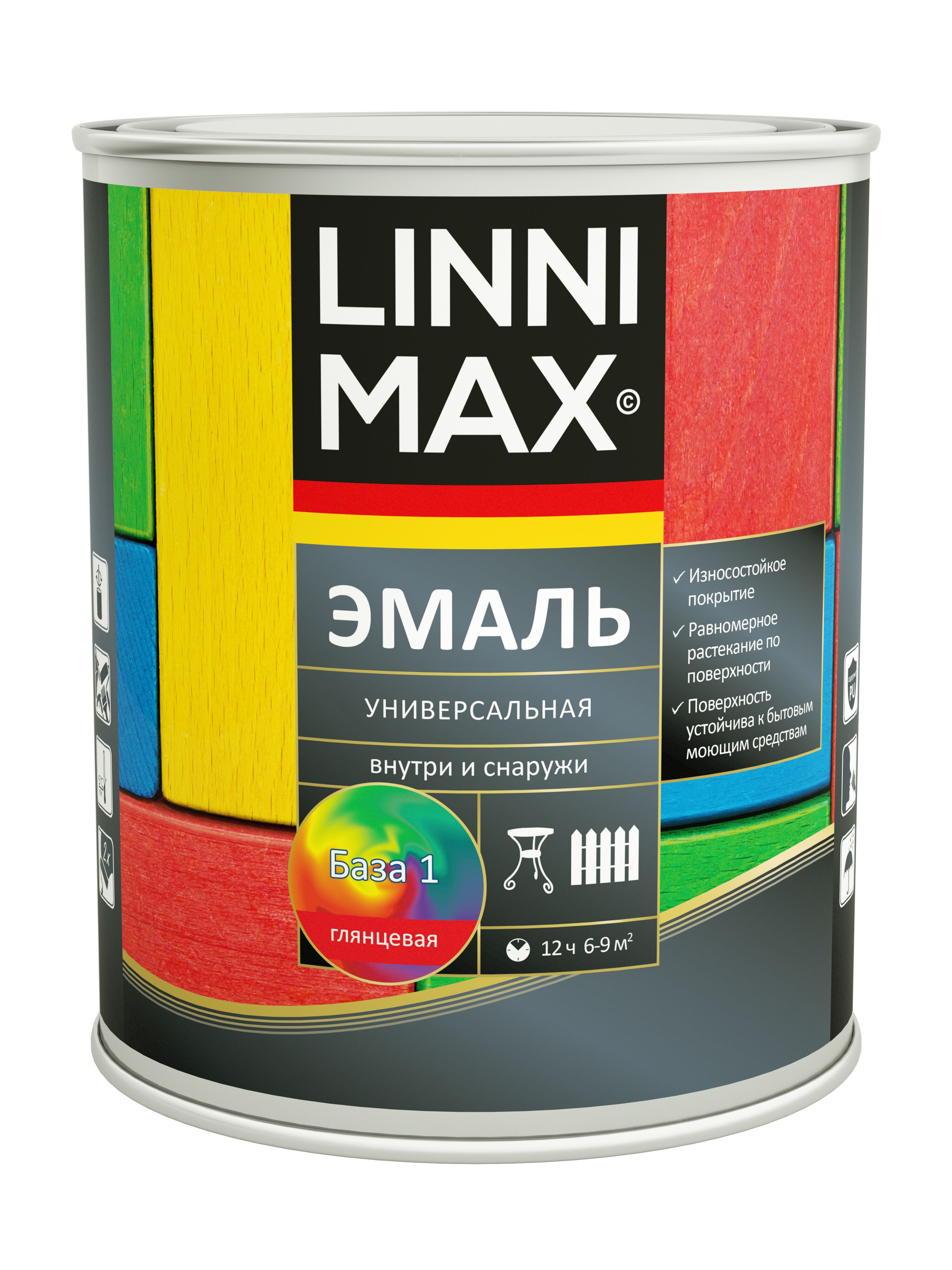 Эмаль универсальная глянцевая 0,75л алкидная База1 LINNIMAX, Эмаль универсальная глянцевая 0,75л алкидная База1 LINNIMAX