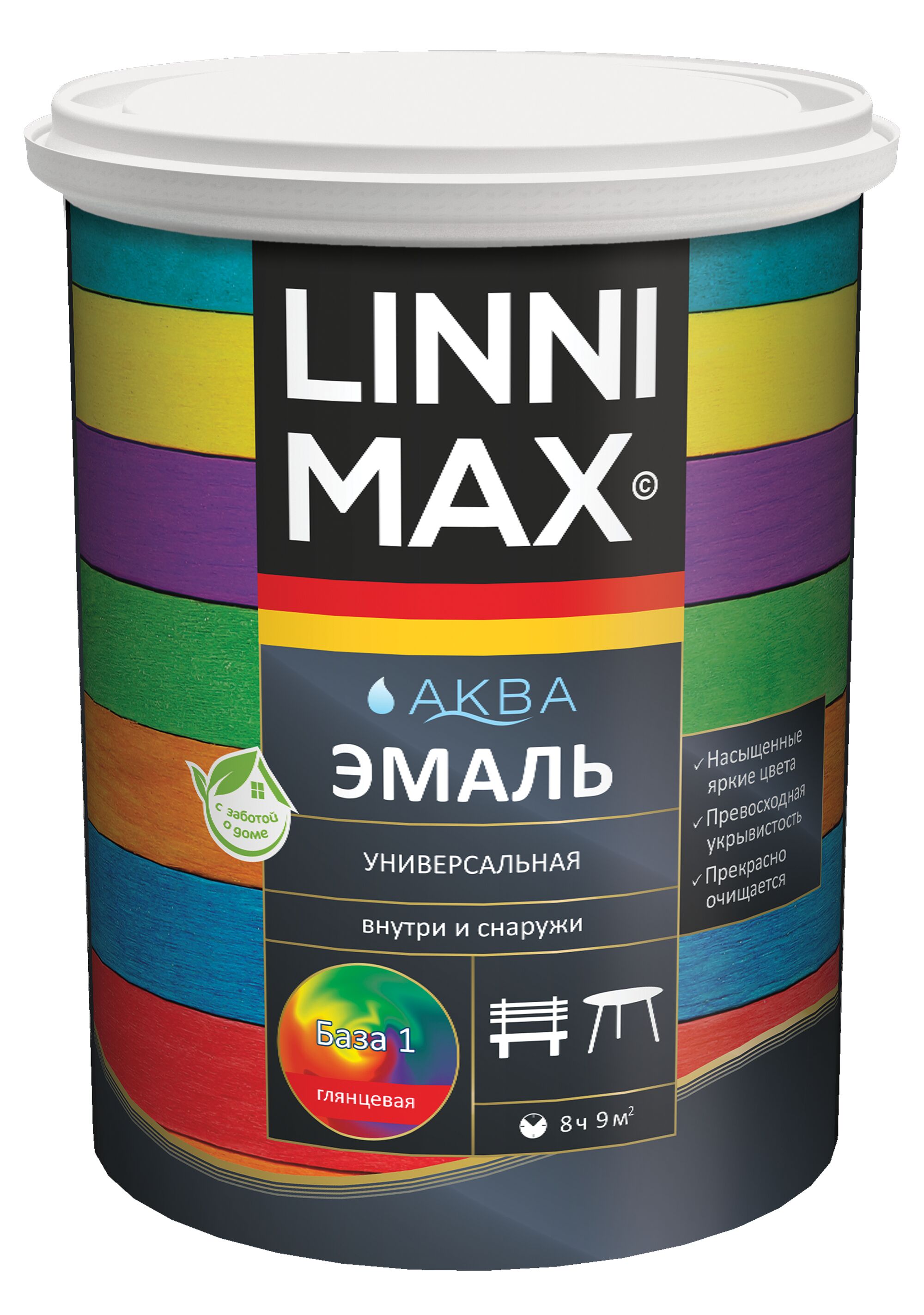 Аква Эмаль универсальная глянцевая 0,9л акриловая База1 LINNIMAX, Аква Эмаль универсальная глянцевая 0,9л акриловая База1 LINNIMAX