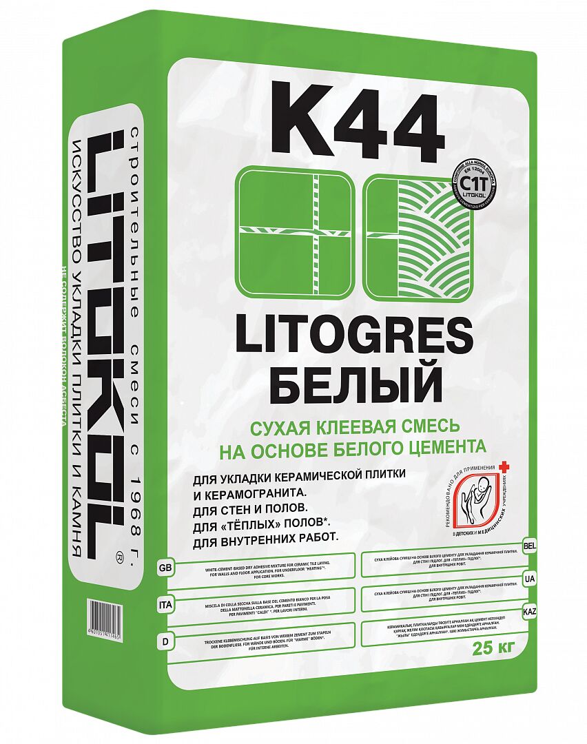 LITOGRES K44 25кг Клей цементный белый LITOKOL, белый купить в Санкт-Петербурге LITOGRES K44 25кг Клей цементный белый LITOKOL, белый