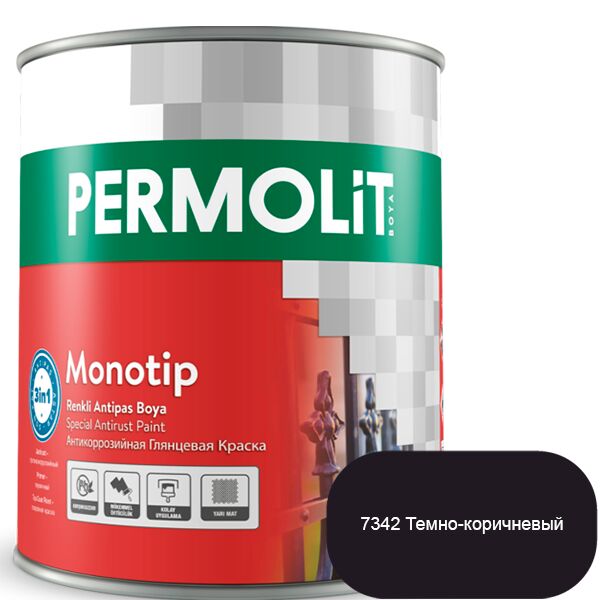 MONOTIP 0.75л краска глянц антикоррозионная 3в1 parlak темно-коричневый PERMOLIT, Темно-коричневый