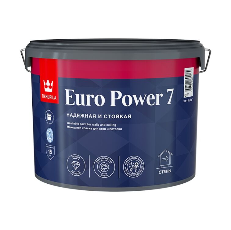 Краска моющаяся Euro Power 7 База C бесцветная 9л Тиккурила купить в Санкт-Петербурге