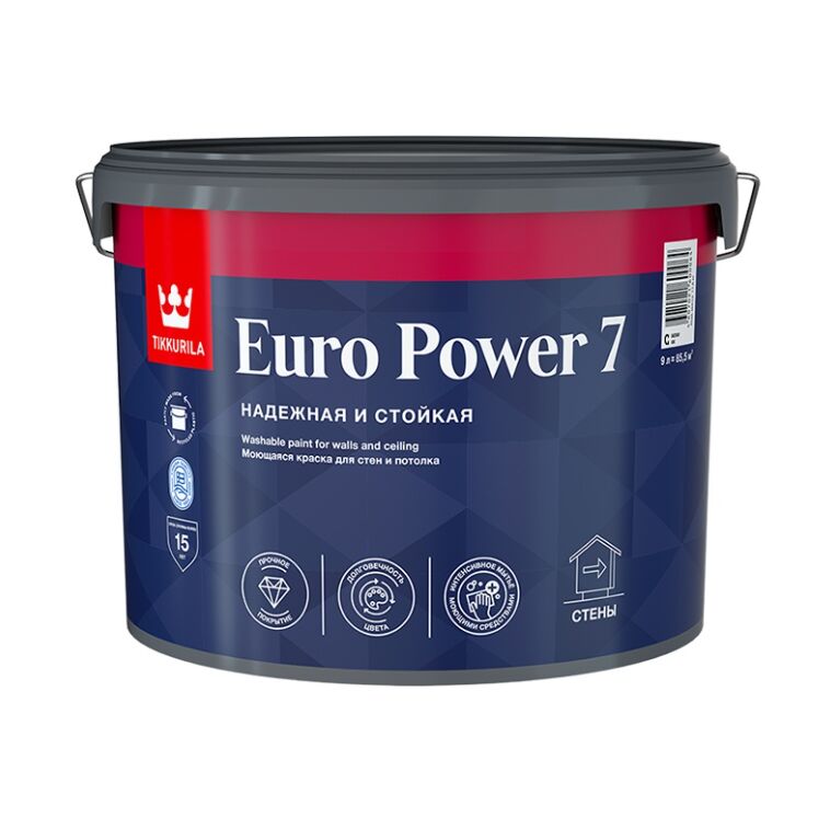 Краска интерьерная EURO POWER 7 стойкая к мытью база C мат. 9л Тиккурила купить в Санкт-Петербурге