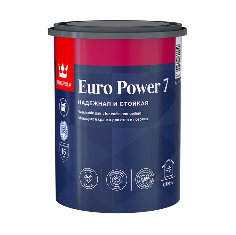 Краска интерьерная EURO POWER 7 стойкая к мытью база C мат. 0.9л Тиккурила купить в Санкт-Петербурге