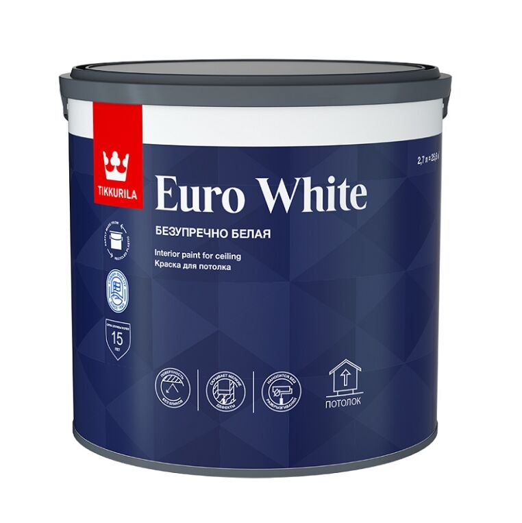 Краска для потолка EURO WHITE белая глубоко/мат. 2.7л Тиккурила купить в Санкт-Петербурге