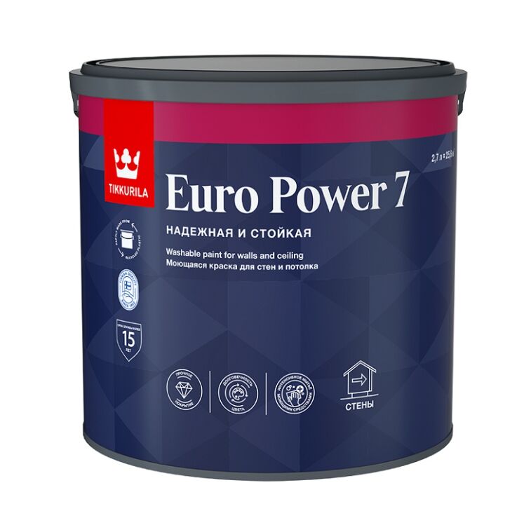 Краска интерьерная EURO POWER 7 стойкая к мытью база C мат. 2.7л Тиккурила купить в Санкт-Петербурге