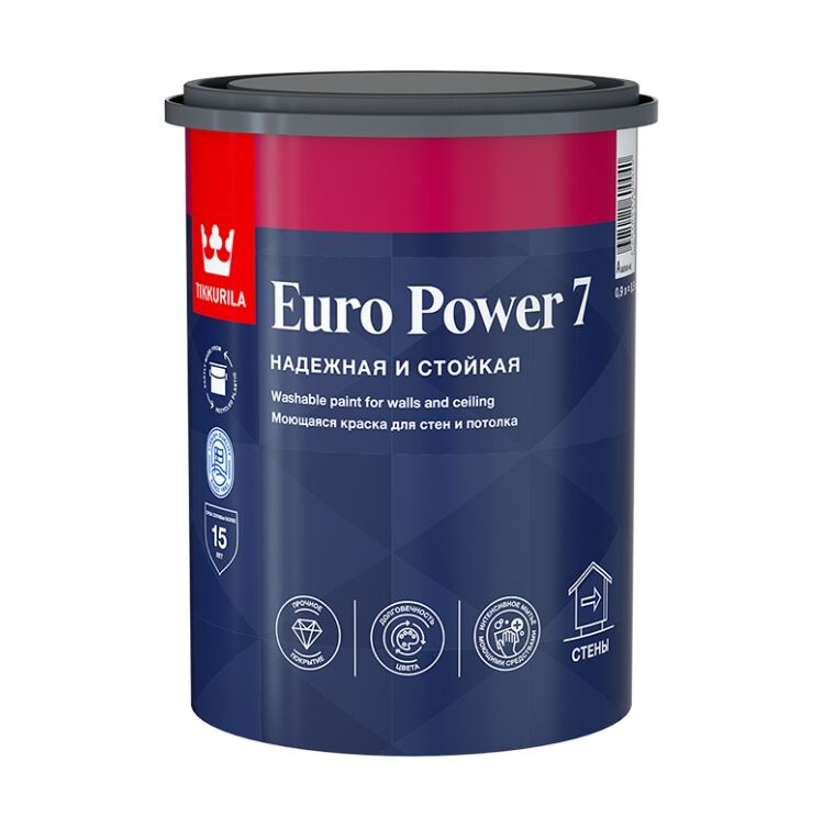 Краска интерьерная EURO POWER 7 стойкая к мытью база A мат. 0.9л Тиккурила купить в Санкт-Петербурге