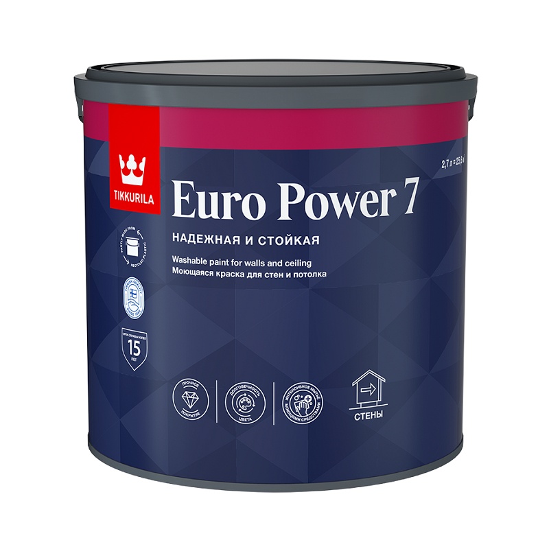 Краска интерьерная EURO POWER 7 стойкая к мытью база A мат. 2.7л Тиккурила купить в Санкт-Петербурге