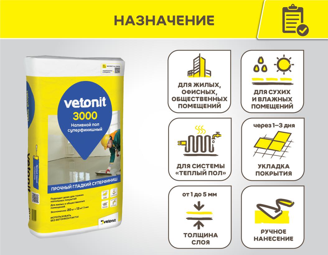 Ровнитель для пола Vetonit 3000 20кг купить в Санкт-Петербурге Ровнитель для пола Vetonit 3000 20кг