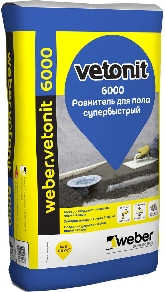 Супербыстрый ровнитель для пола weber.vetonit 6000 25 кг, Супербыстрый ровнитель для пола weber.vetonit 6000 25 кг