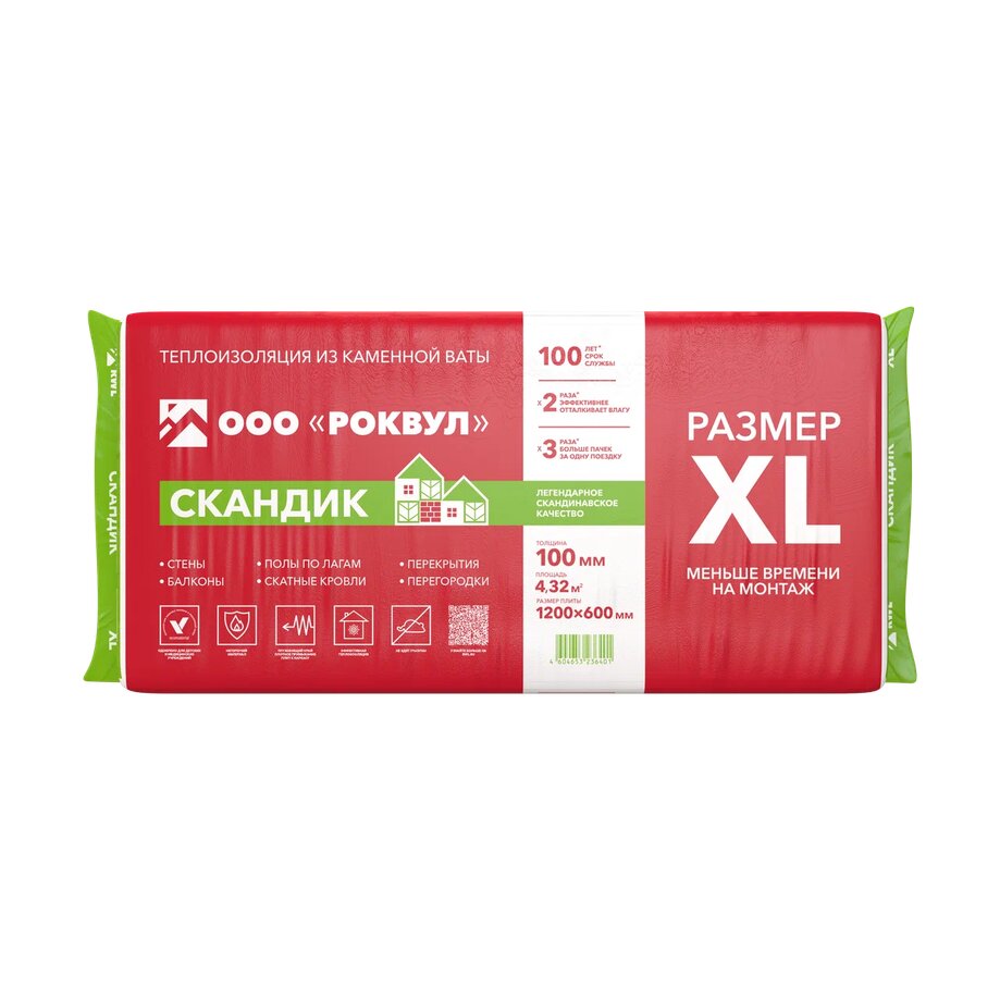 Роквул Скандик XL 100мм, 6 плит, 4.32м2, 600х1200мм, 0.432м3, Rockwool СКАНДИК XL 100х600х1200/6шт/4.32м2/0.432м3 купить в Санкт-Петербурге Роквул Скандик XL 100мм, 6 плит, 4.32м2, 600х1200мм, 0.432м3, Rockwool СКАНДИК XL 100х600х1200/6шт/4.32м2/0.432м3
