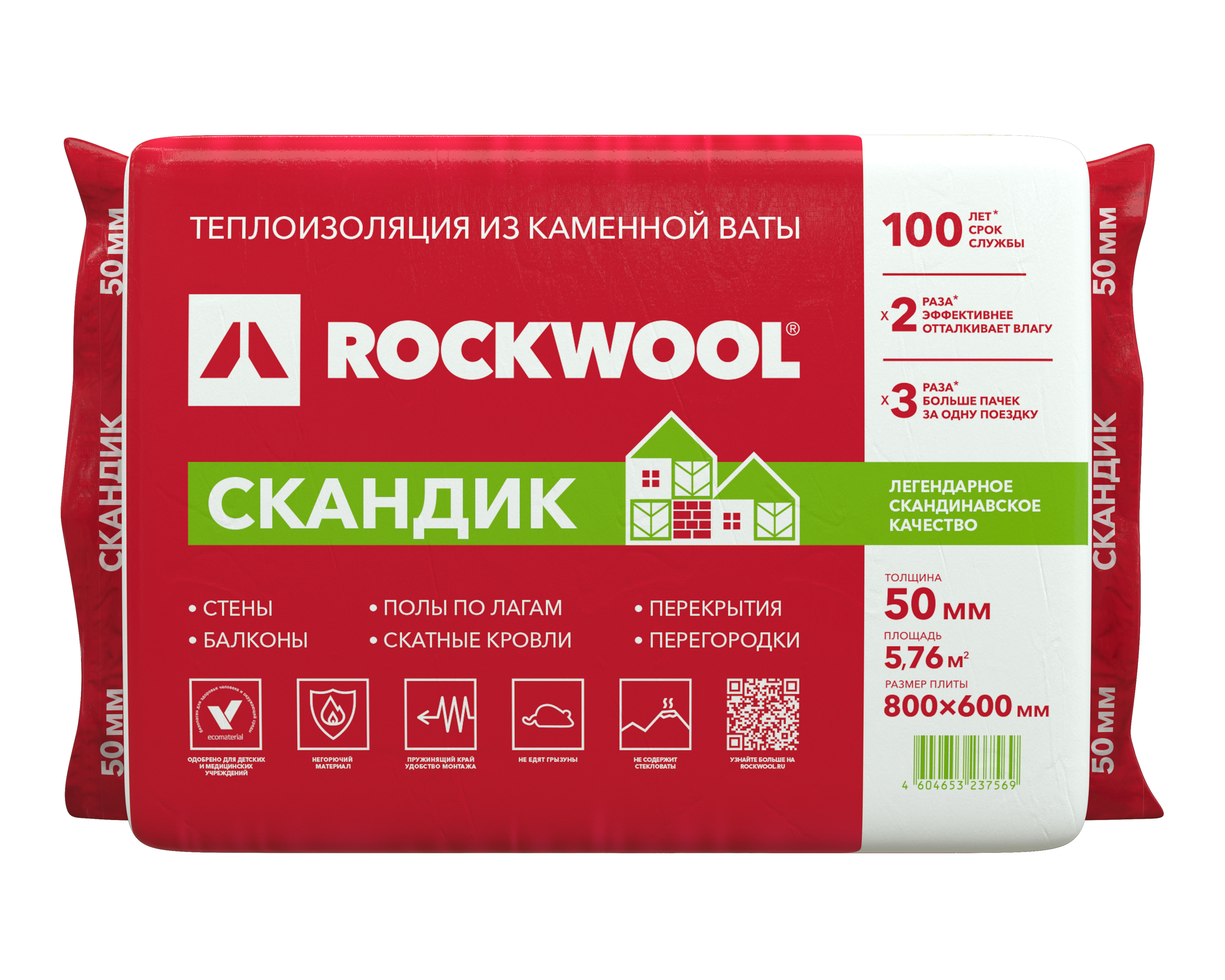 Роквул Скандик 50мм, 12 плит, 5.76м2, 600х800мм, 0.288м3, Rockwool СКАНДИК 50х600х800/12шт./5.76м2/0.288м3