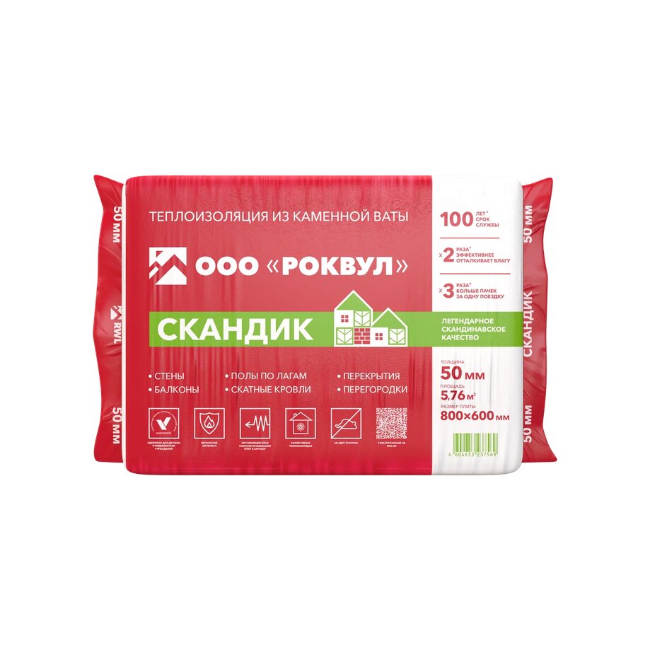 Роквул Скандик 50мм, 12 плит, 5.76м2, 600х800мм, 0.288м3, Rockwool СКАНДИК 50х600х800/12шт/5.76м2/0.288м3