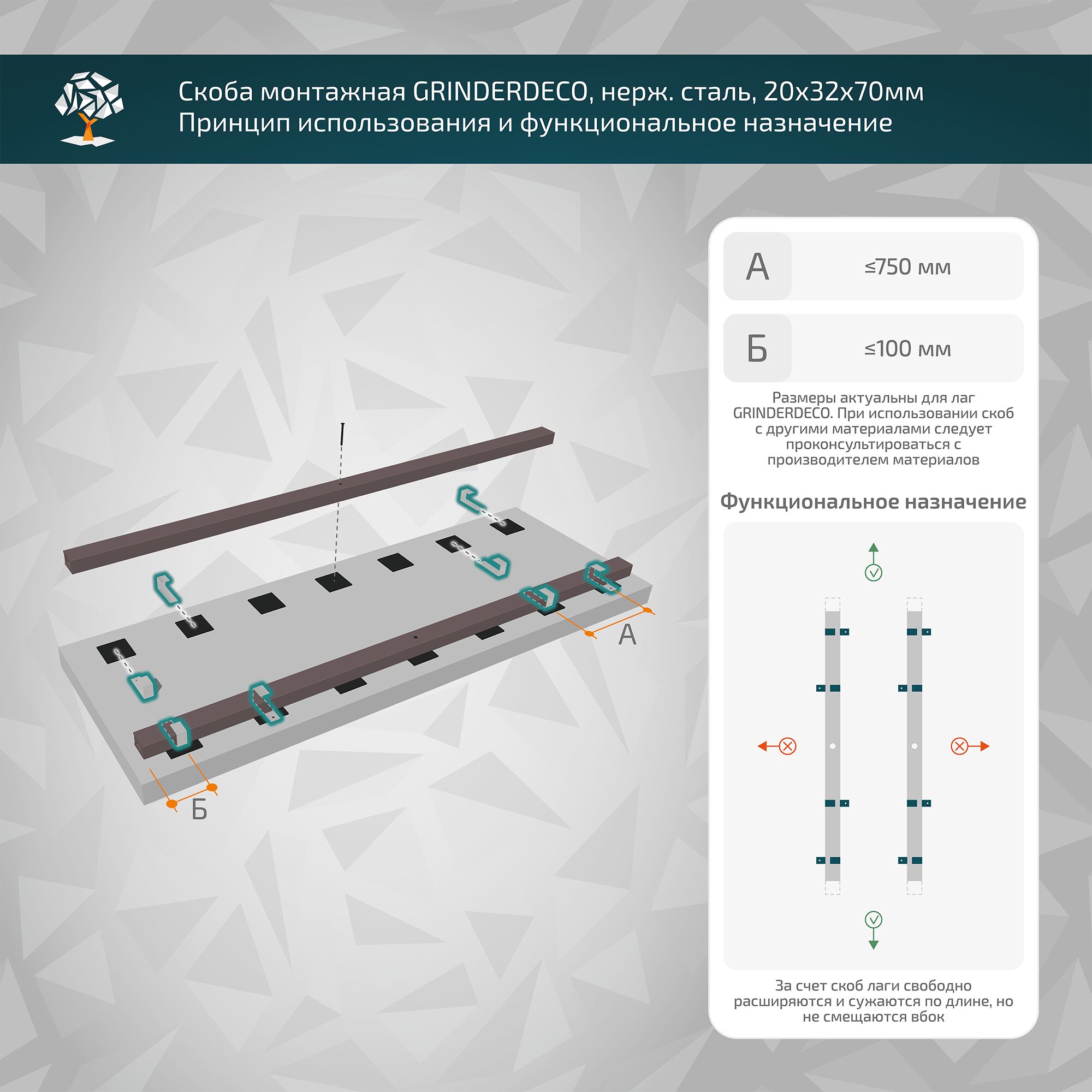 Скоба GRINDERDECO, нерж.сталь, для монтажа лаги ДПК 40х30х3000мм, неокрашенная, 20х32х70мм, уп=20шт
