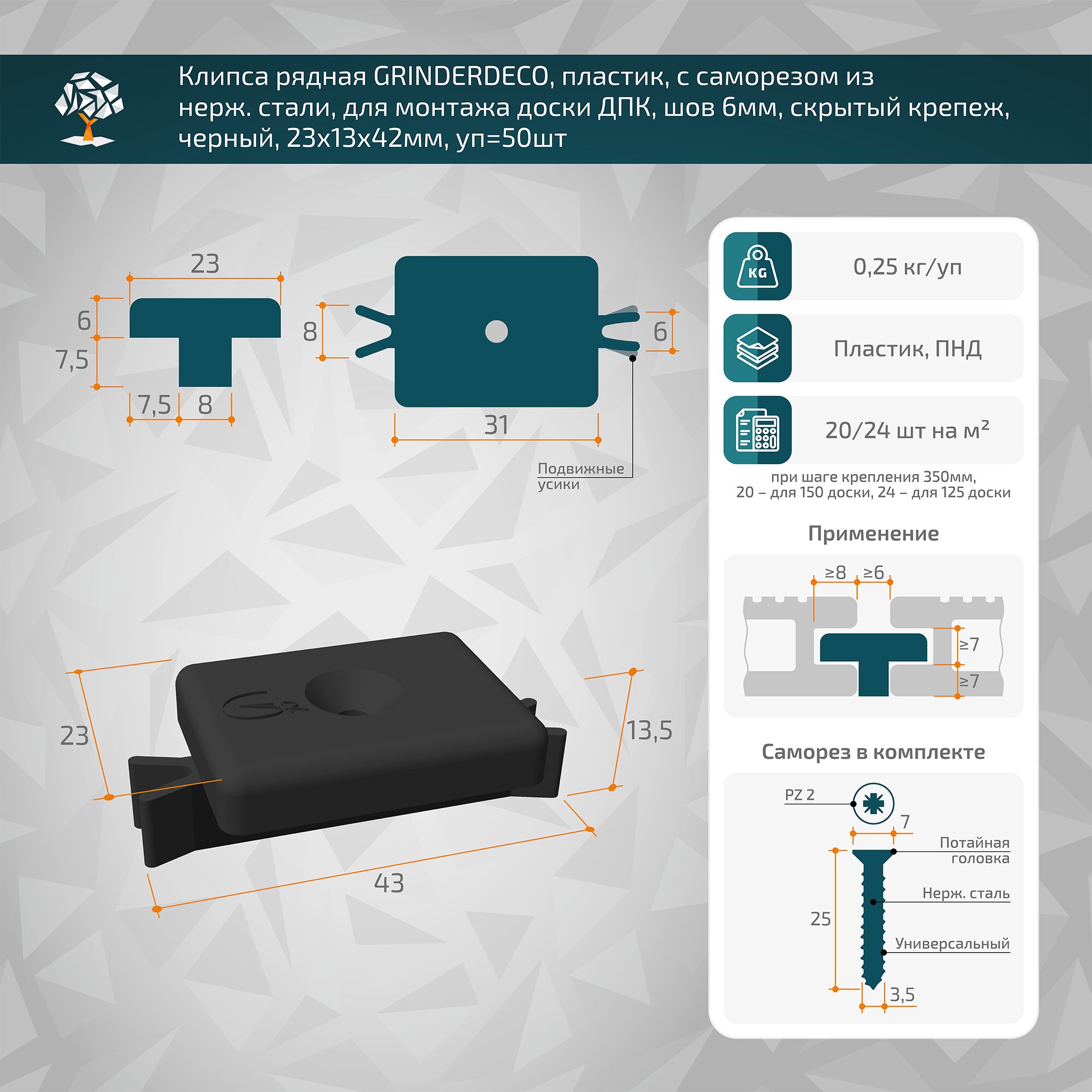 Распродажа Клипса рядная GRINDERDECO пластиковая с саморезом из нерж.стали черный 23х13х42мм-50шт