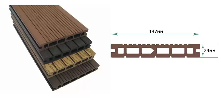 Распродажа Доска террасная ТЕРРАпол пустотелая с пазом КЛАССИК Патио Орех Милано 147х24х3000мм