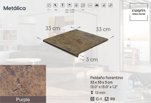 Ступень фронтальная Peldano Fiorentino Metalica Purple  33х33х1.2 матовый 4шт/упак Exagres купить в Санкт-Петербурге