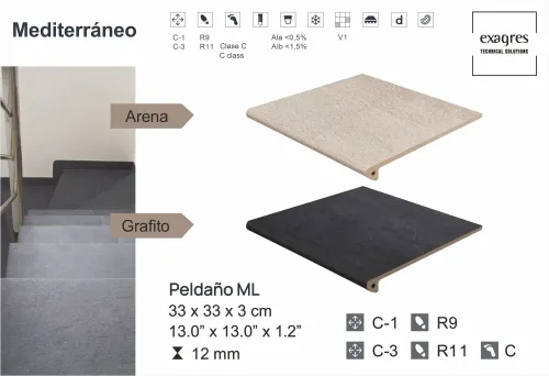 Ступень фронтальная Peldano Florentino Mediterraneo Grafito 33х33х1.2 антислип Exagres купить в Санкт-Петербурге