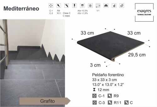 Ступень фронтальная Peldano Florentino Mediterraneo Grafito 33х33х1.2 антислип Exagres купить в Санкт-Петербурге