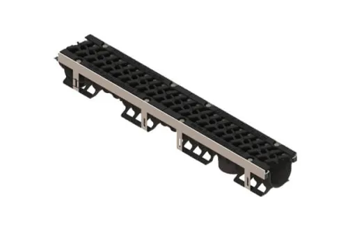 Лоток водоотводный PolyMax Drive DN100 пластиковый H120 с решеткой чугунной "шина" ВЧ кл. Е купить в Санкт-Петербурге