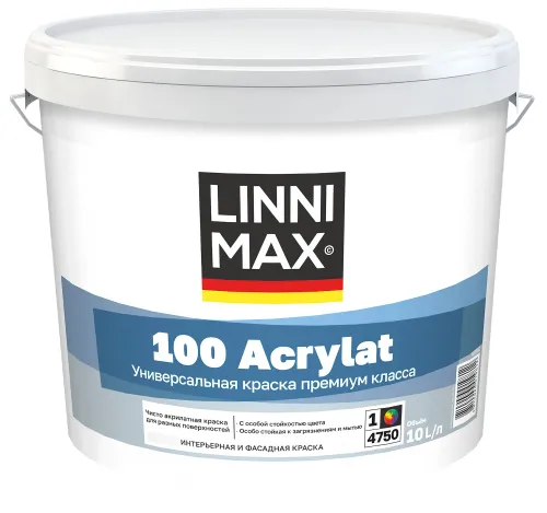 100 Acrylat 10л Краска водно-дисперсионная для наружных и внутренних работ База1 LINNIMAX купить в Санкт-Петербурге