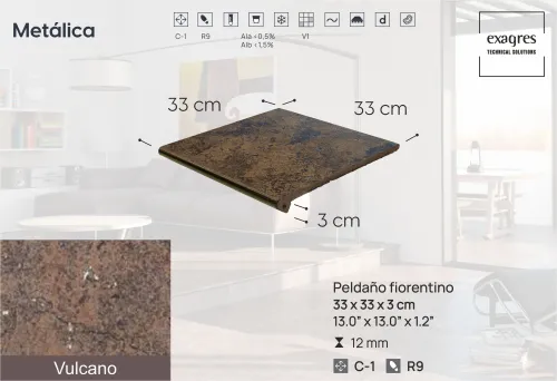 Ступень фронтальная Peldano Fiorentino Metalica Vulcano 33х33х1.2 матовый 4шт/упак Exagres купить в Санкт-Петербурге