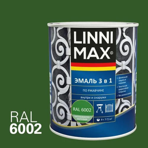 Эмаль по ржавчине 3 в 1 0,75л алкидно-уретановая 6002 зеленый LINNIMAX купить в Санкт-Петербурге