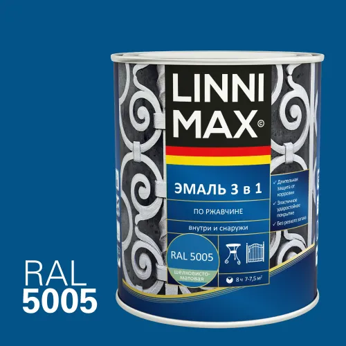 Эмаль по ржавчине 3 в 1 0,75л алкидно-уретановая 5005 синий LINNIMAX купить в Санкт-Петербурге
