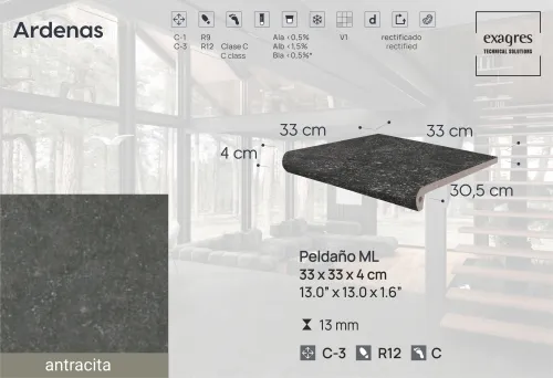 Ступень фронтальная Peldano Fiorentino Ardenas Antracita 33х33х1.3 антислип 4шт/упак Exagres купить в Санкт-Петербурге