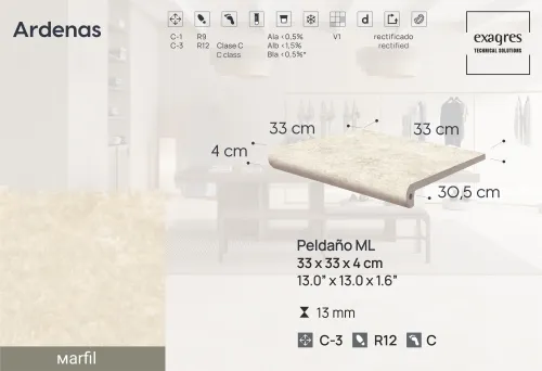 Ступень фронтальная Peldano Fiorentino Ardenas Marfil 33х33х1.3 антислип 4шт/упак Exagres купить в Санкт-Петербурге