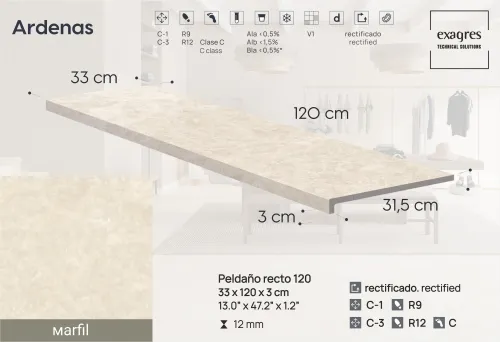 Ступень фронтальная Peldano Recto Ardenas Marfil R12 33х120х1.2 антислип 2шт/упак Exagres купить в Санкт-Петербурге