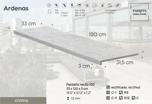 Ступень фронтальная Peldano Recto Ardenas Cromo R12 33х120х1.2 антислип 2шт/упак Exagres купить в Санкт-Петербурге