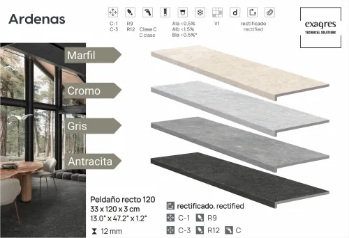 Ступень фронтальная Peldano Recto Ardenas Cromo R12 33х120х1.2 антислип 2шт/упак Exagres купить в Санкт-Петербурге